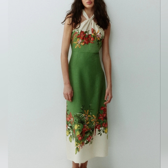 H&M PREMIUM linen-blend halterneck dress floral green/flowers BNWT - Picture 3 of 16